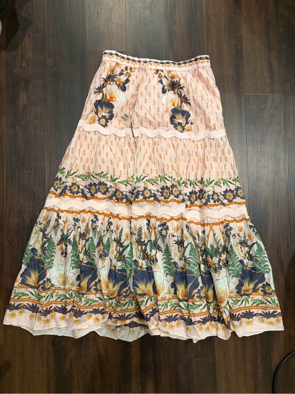 FARM RIO Pink Dream Garden Tiered Floral Maxi Skirt Large